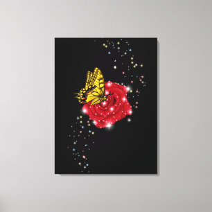 Lienzo Mariposa en rosa roja con estrellas y gotas de llu
