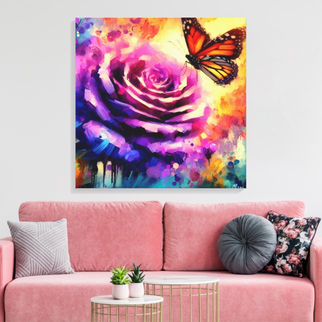 Lienzo Mariposa monarca sobre Rosa morado en la floral de (Insitu (Sala de estar))