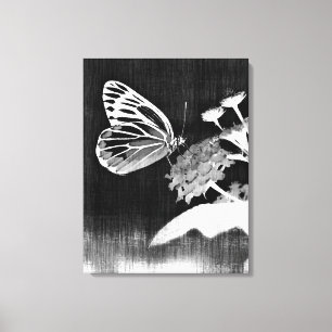 Lienzo Mariposa vintage en flor - Negro y blanco 2