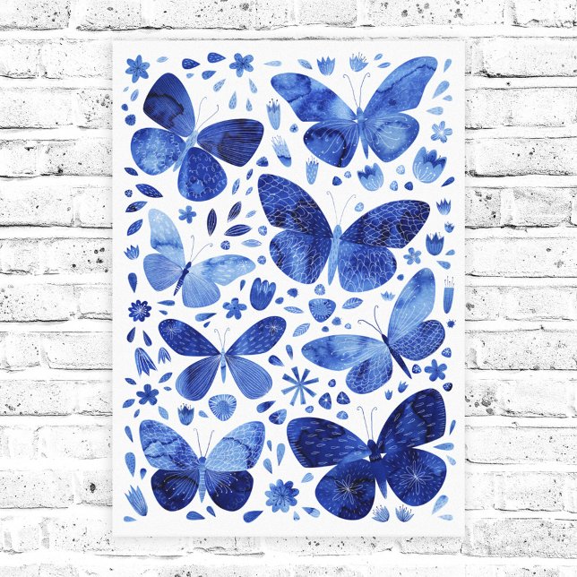 Lienzo Mariposas acuarela Indigo azul de tela Imprimir (Blue watecolor butterfly canvas print)