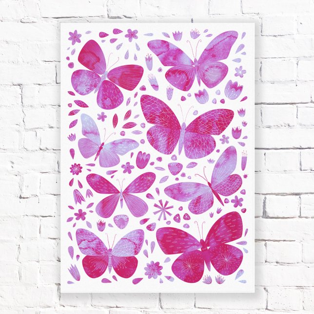Lienzo Mariposas acuarela Magenta tela rosa (Magenta pink butterfly watercolor art canvas print)