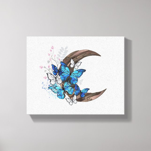 Lienzo Mariposas azules sobre la media luna de madera (Anverso)