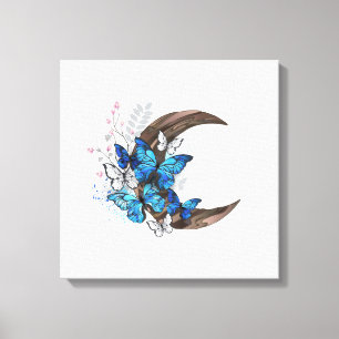 Lienzo Mariposas azules sobre la media luna de madera