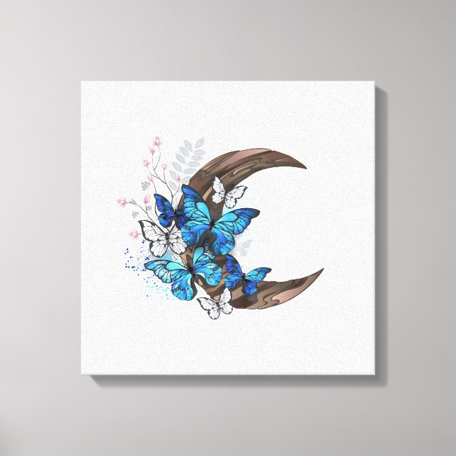 Lienzo Mariposas azules sobre la media luna de madera (Anverso)