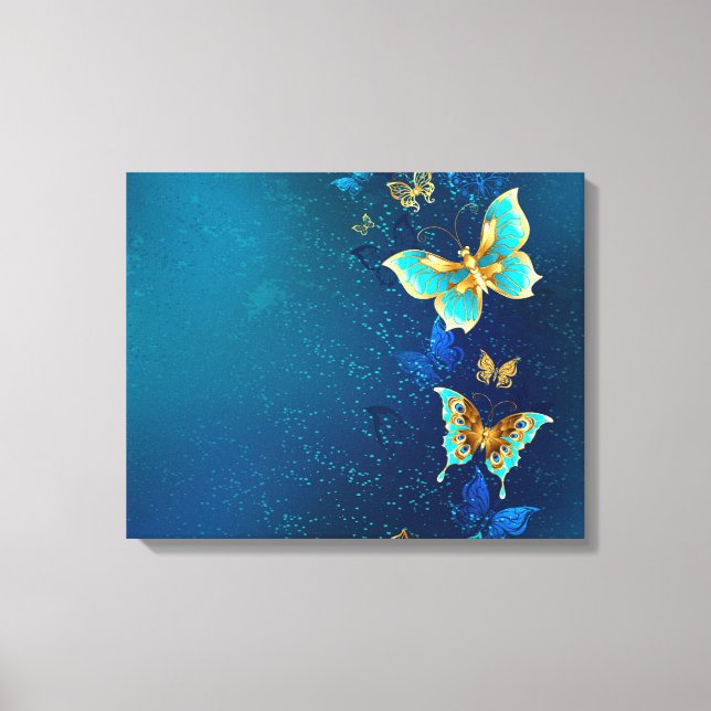 Lienzo Mariposas doradas sobre fondo azul (Anverso)