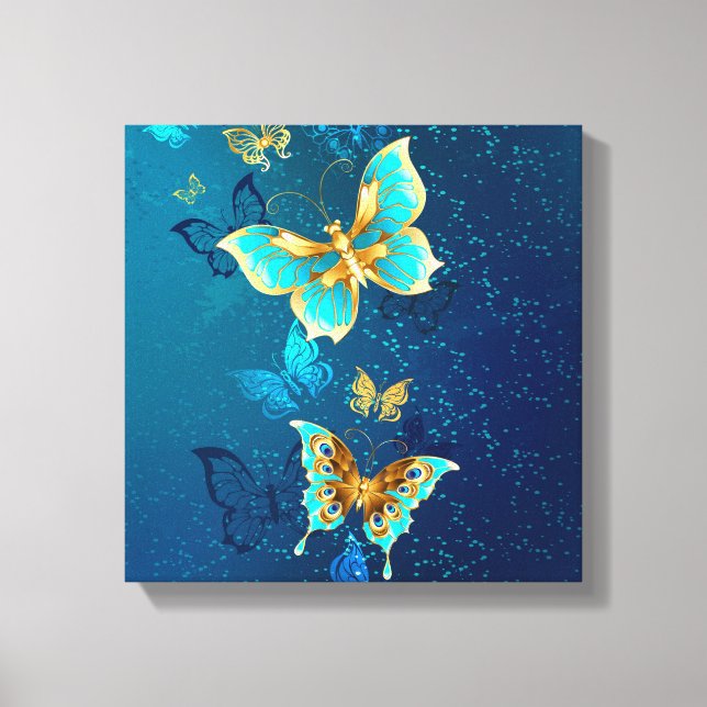 Lienzo Mariposas doradas sobre fondo azul (Anverso)