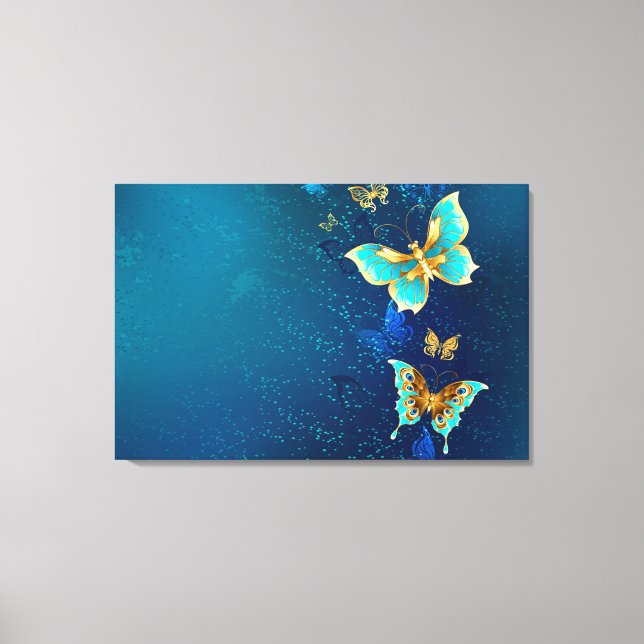 Lienzo Mariposas doradas sobre fondo azul (Anverso)