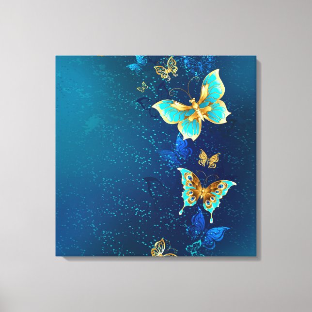 Lienzo Mariposas doradas sobre fondo azul (Anverso)