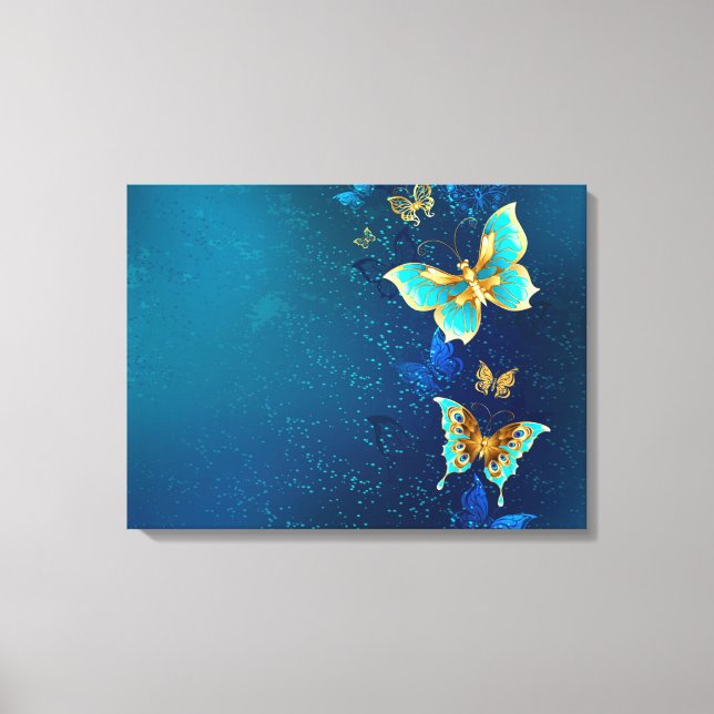 Lienzo Mariposas doradas sobre fondo azul (Anverso)
