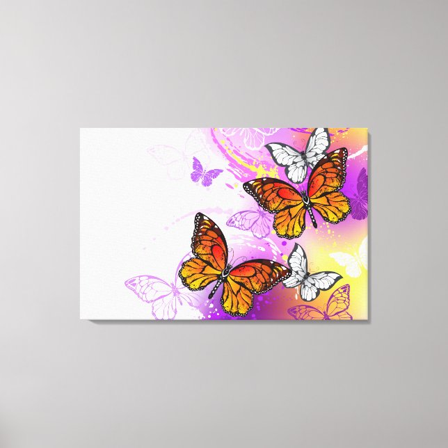 Lienzo Mariposas monarcas en fondo morado (Anverso)