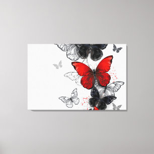 Lienzo Mariposas Morpho voladoras negras y rojas