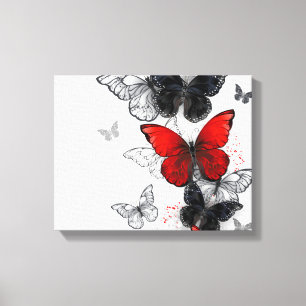 Lienzo Mariposas Morpho voladoras negras y rojas