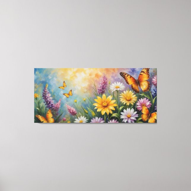 Lienzo mariposas volando sobre las flores (Anverso)