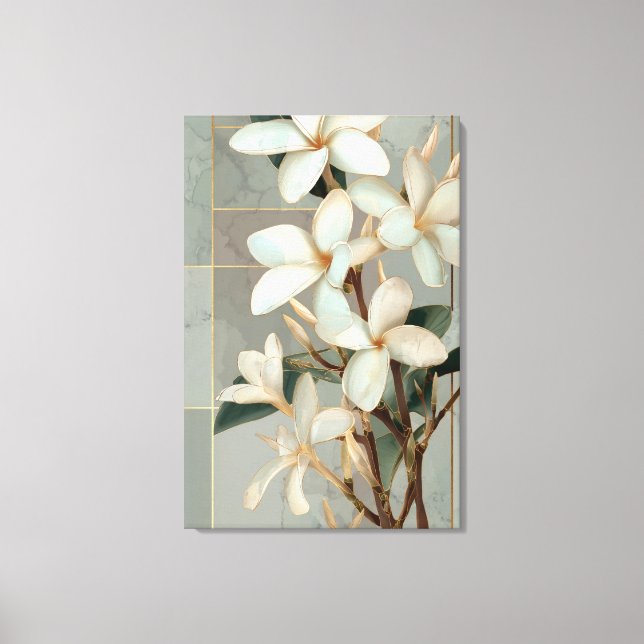 Lienzo Mármol de línea dorada con flores de magnolia blan (Anverso)