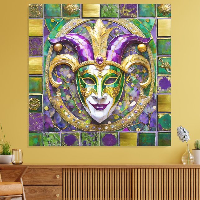 Lienzo Máscara de bufón de Mardi Gras verde dorado púrpur (Insitu (Sala de estar))