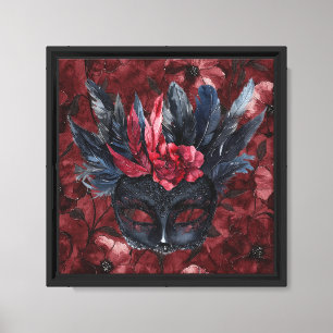 Lienzo Máscara floral de plumas rojas borgoña negras chic