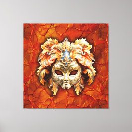 Lienzo Máscara ordenada con plumas Naranjas de fondo rojo