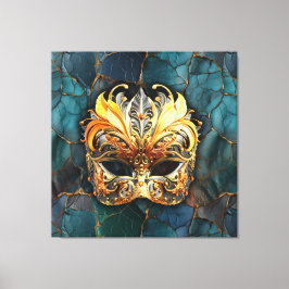 Lienzo Máscara, plumas y fondo Verde azulado texturado