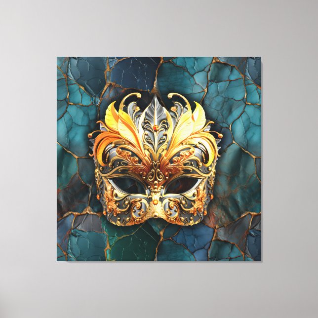 Lienzo Máscara, plumas y fondo Verde azulado texturado (Anverso)