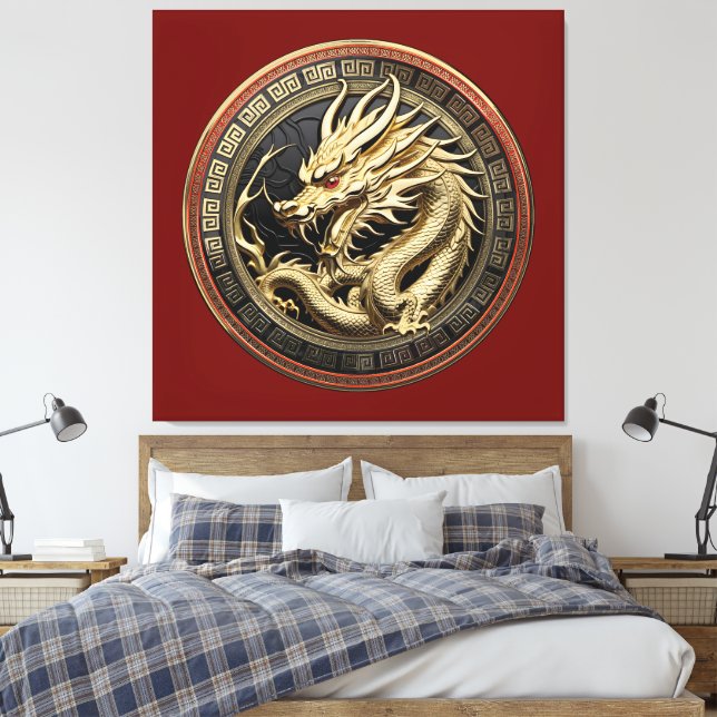 Lienzo Medallón de Dragón Oriental Sagrado de Oro (Insitu(Dormitorio))