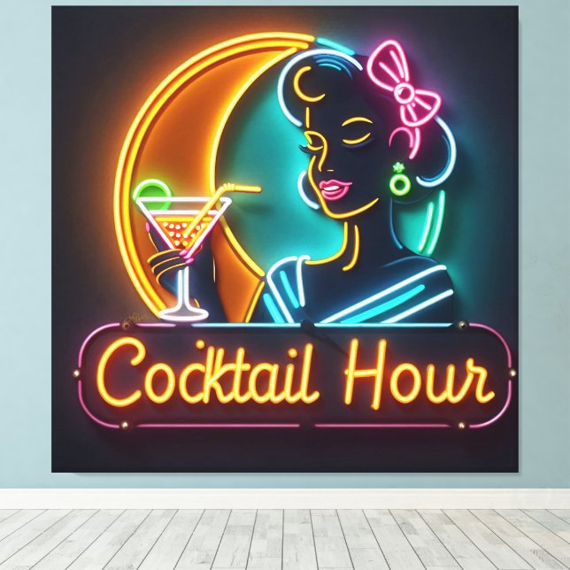 Lienzo Media Century Neon Rótulo Cocktail Hour Mujer (Insitu (piso de madera))