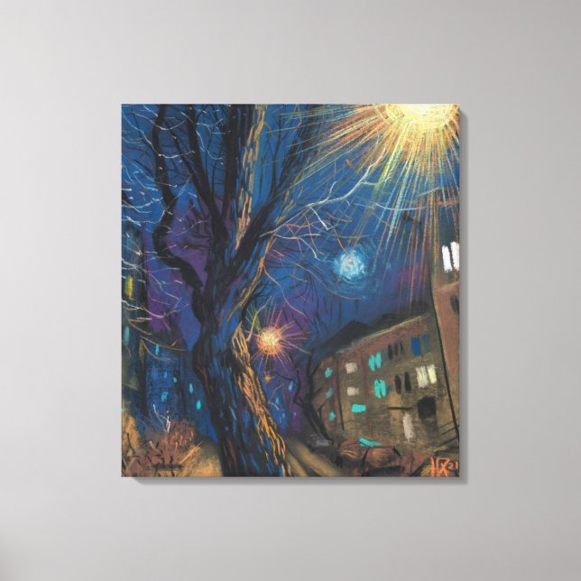 Lienzo Medianoche Sol, Night Street Tree Landscape Painti (Anverso)