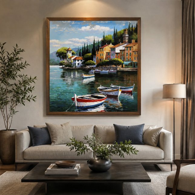 Lienzo Mediterranean Harbor Serenity (“A serene waterfront masterpiece that brings color, calm, and Mediterranean charm to any space.”)