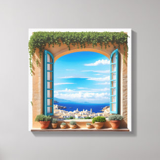 Lienzo Mediterranean Sea View Window | Aegean Island Town