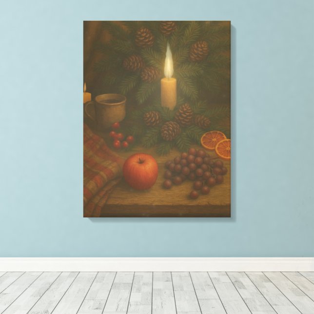 Lienzo Mesa de hoja perenne – Luz de velas y calma (Insitu (piso de madera))