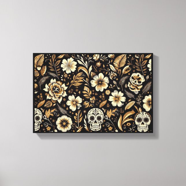 Lienzo mexican dead and floral black art (Anverso)