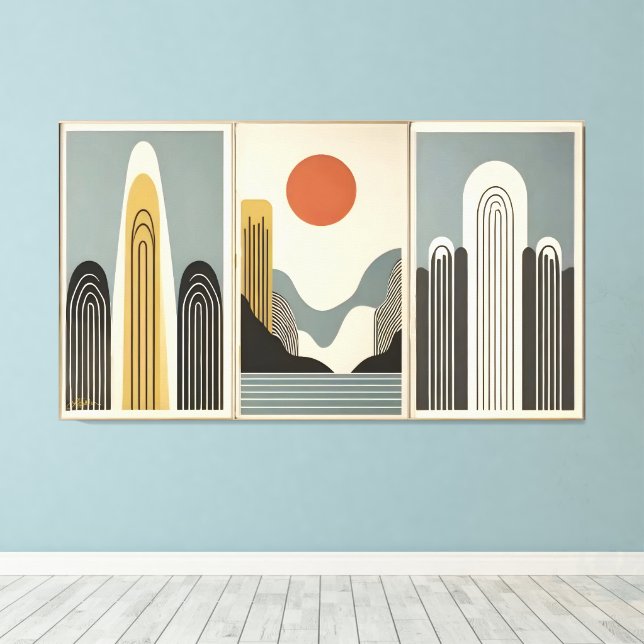 Lienzo Mid Century Modern Art Mountain Lake Sunrise (Insitu (piso de madera))