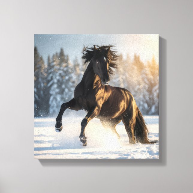 Lienzo Midnight Majesty – Black Stallion in Winter Snow (Anverso)