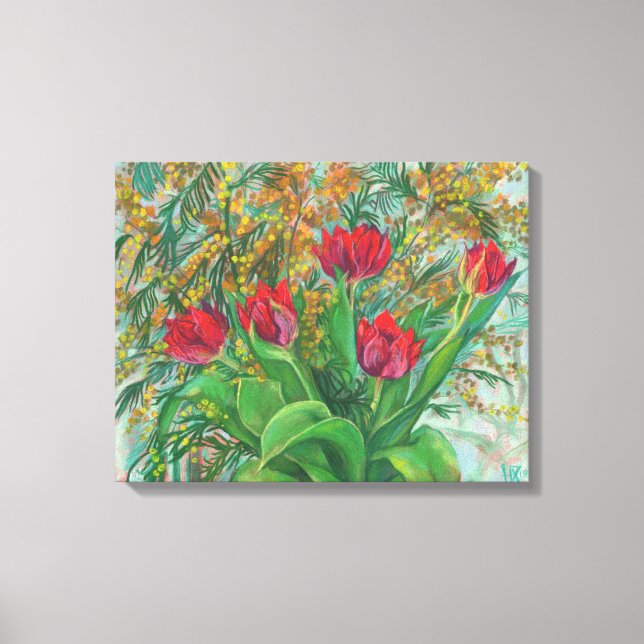 Lienzo Mimosa y tulipanes, flores de primavera, pintura f (Anverso)