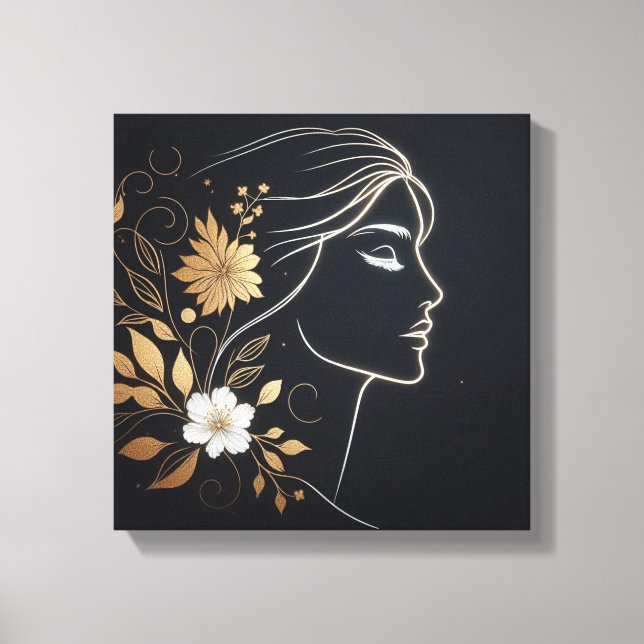 Lienzo Minimal Feminine Line Art with Golden Flowers (Anverso)