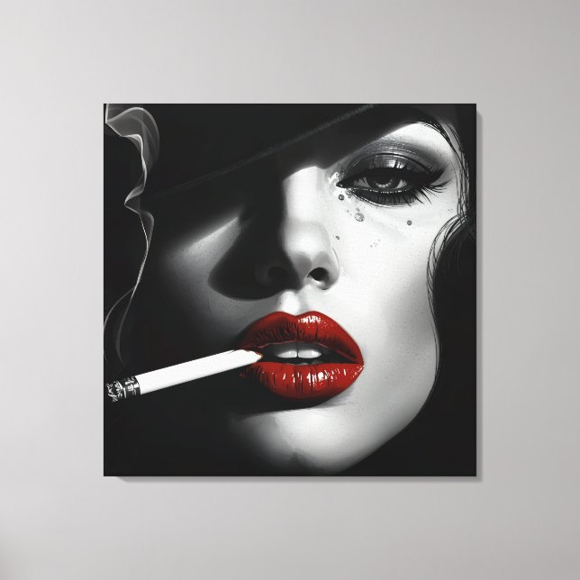 Lienzo Minimalist Black & White Woman with cigarette (Anverso)