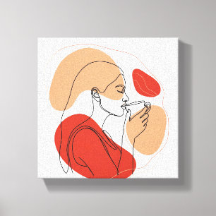 Lienzo Minimalista Face Line Art con café - Acry moderno