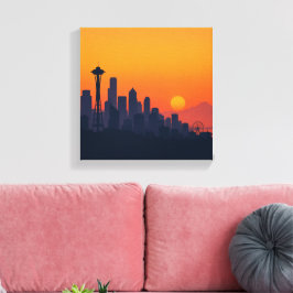 Lienzo Minimalista Silueta de Seattle al Atardecer Modern