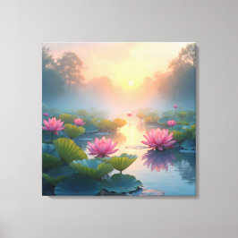 Lienzo Misty Lotus Pond al amanecer