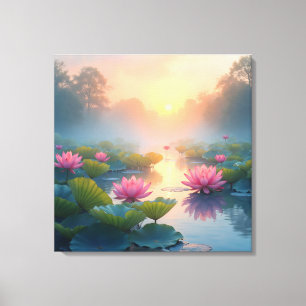 Lienzo Misty Lotus Pond al amanecer
