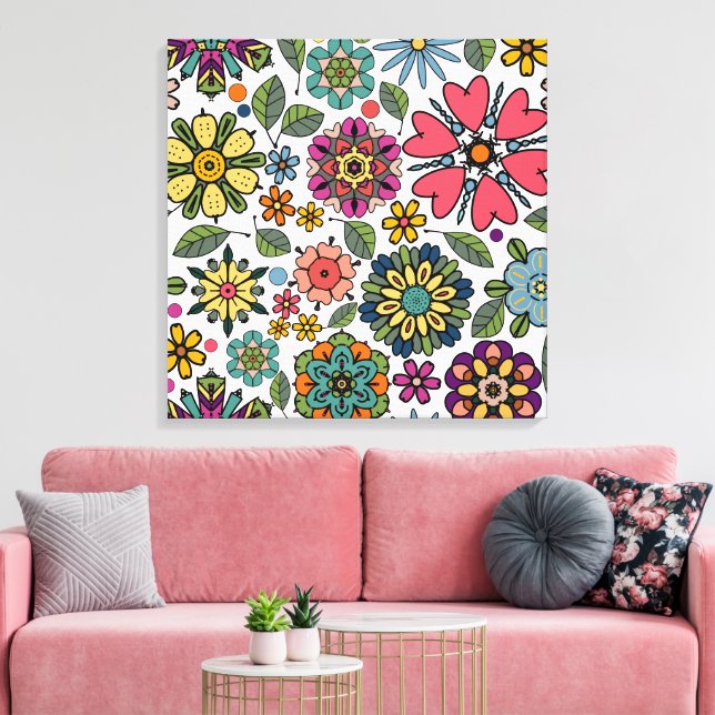 Lienzo Modern Retro Floral Drawing Seamless Pattern Art (Insitu (Sala de estar))