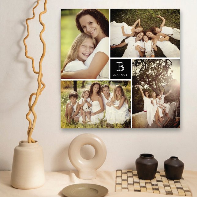 Lienzo Moderna familia cuadrada monograma 4 Collage de fo (Modern Square Grid Family Monogram 4 Photo Collage Canvas Print @ fat_fa_tin)