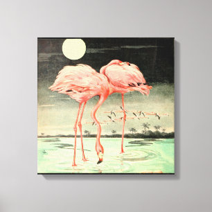 Lienzo Moderna flamenco de ave rosa vintage y luna