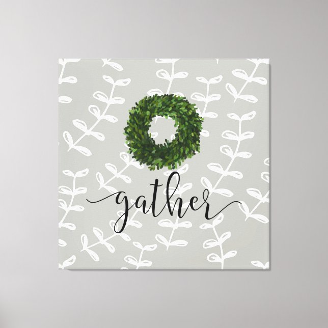 Lienzo Moderna granja "Gather" Script Boxwood Wreath (Anverso)