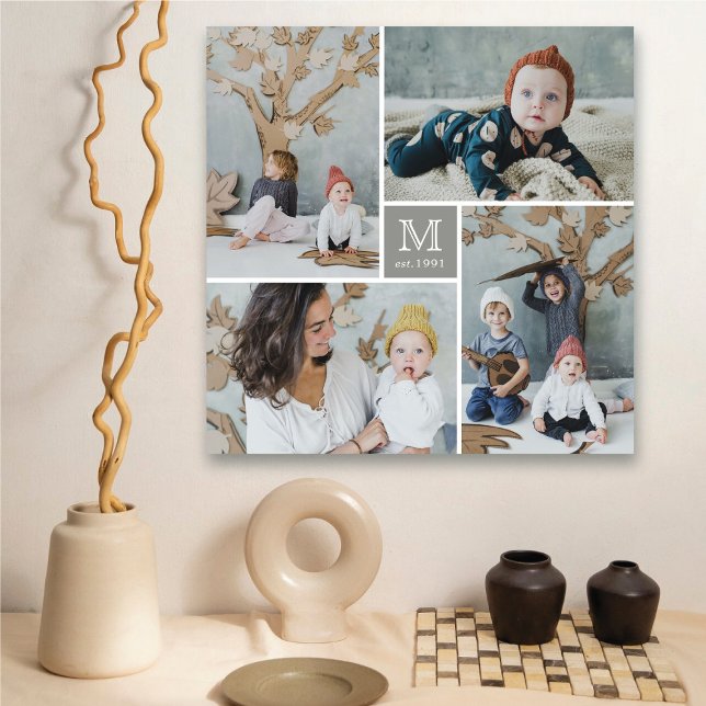 Lienzo Moderno Collage de fotos de monograma de familia c (Modern Square Family Monogram 4 Photo Collage Canvas @ fat_fa_tin)