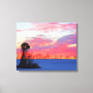 Lienzo Molino de viento con amanecer rosa