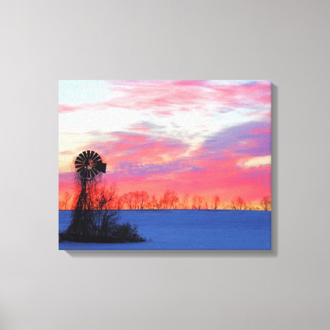 Lienzo Molino de viento con amanecer rosa (Anverso)