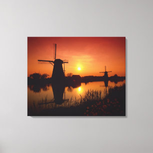 Lienzo Molinos de viento al atardecer, Kinderdijk, Países