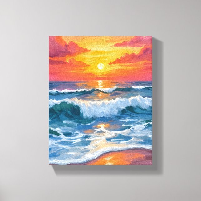 Lienzo Molten Horizon | Ocean Waves Sunset Watercolor (Anverso)