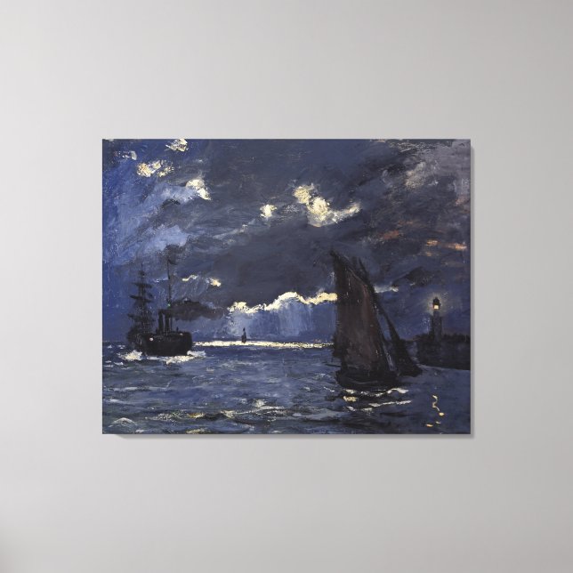 Lienzo Monet Vintage Un barco marítimo a la luz de la lun (Anverso)