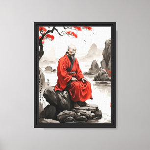 Lienzo Monje Zen en Robe Rojo por río Tranquilo
